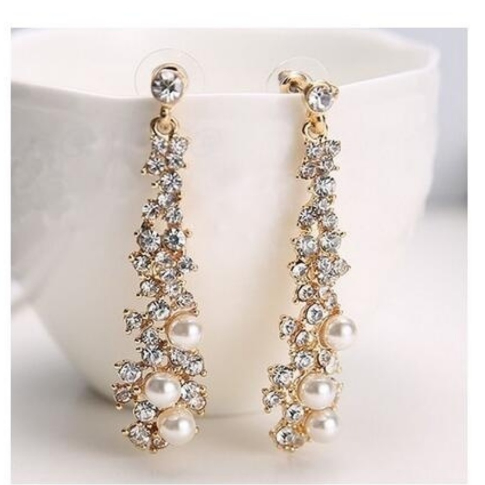 Faux Pearl and Rhinestone Chandelier Earrings